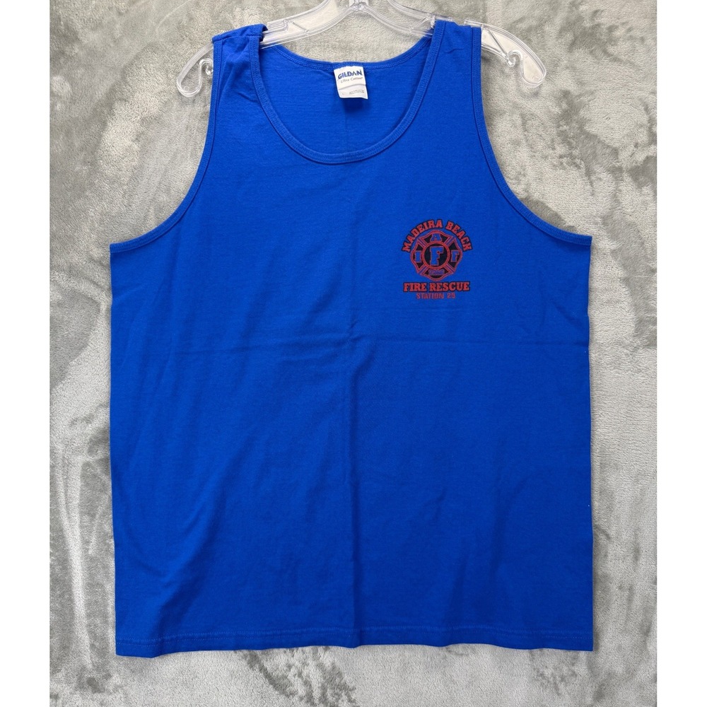 Gildan Madeira Beach Fire Rescue Station 25 Shark Tank‎ Top Mens L Blue Cotton